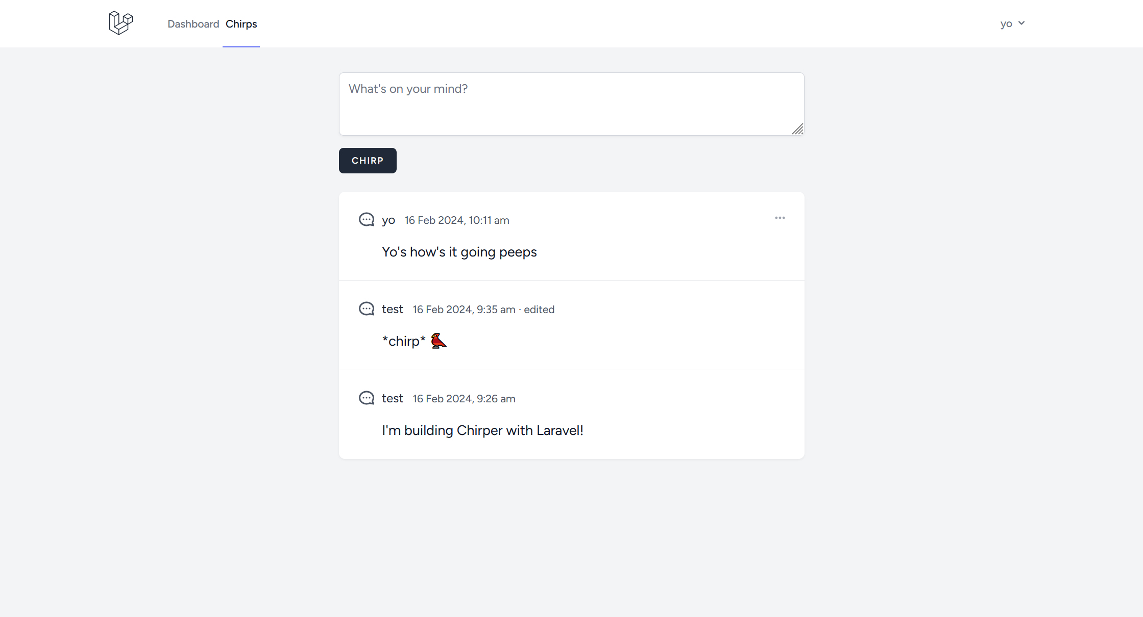 Dashboard of Chirper, a Laravel site built in the bootcamp